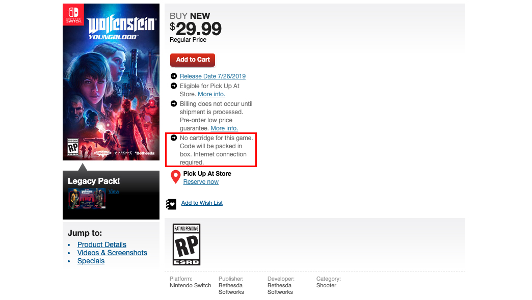 Cartouche Wolfenstein Switch Gamestop