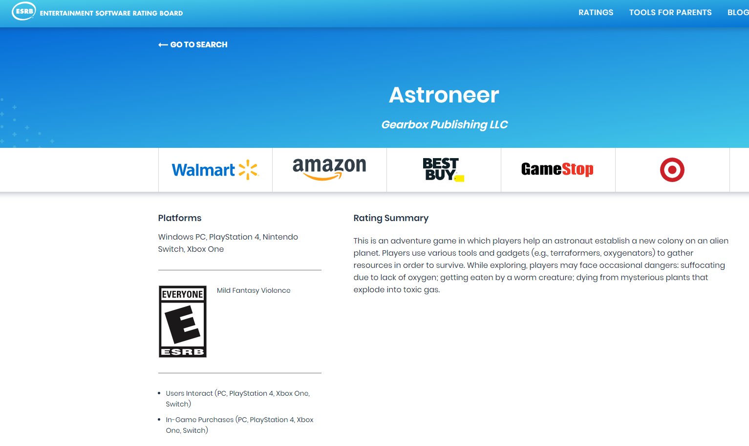 Astroneer Nintendo Switch ESRB PEGI