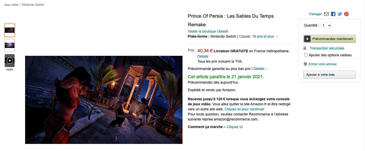 NieR Replicant et Prince of Persia listés sur Switch par Amazon France