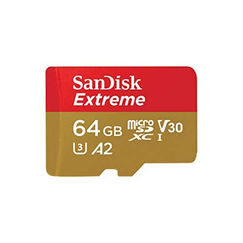 SanDisk Extreme 64 GB microSDXC Memory Card + SD Adapter with A2 App Performance + Rescue Pro Deluxe, Up to 160 MB/s, Class 10, UHS-I, U3, V30, Red/Gold