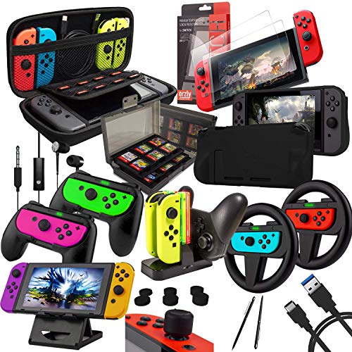 Kit d'accessoires Orzly conçu pour les accessoires Nintendo Switch Geeks et boîtier de console OLED et protecteur d'écran, poignées Joycon et roues pour un jeu amélioré et plus encore - Noir de jais