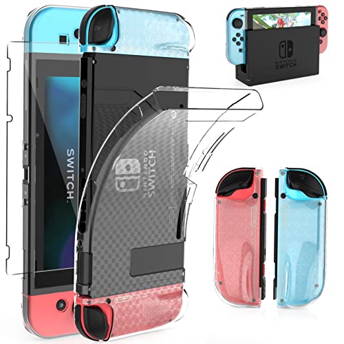 HEYSTOP Coque Compatible avec Nintendo Switch avec Protection Écran, Étui Nintendo Switch Protection Ecran Verre Trempé avec 6 Poignées Couvre Pouce Absorption des Chocs et Antirayures