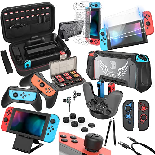 HEYSTOP Accessoires pour Nintendo Switch, Coque Switch, Protection Switch, Volant et Poignée Grip Cover, Film de Verre Trempé, Playstand, Thumb Grip, Boîte de Cartes, Câble Type C etc,Noir