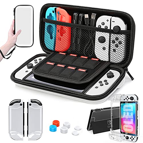 HEYSTOP Étui pour Switch OLED, Protection pour Switch OLED Kit Accessoires Pochette pour Nintendo Switch OLED avac Coque pour Nintendo Switch OLED, Ecran Verre Trempé et Poignées Couvre Pouce