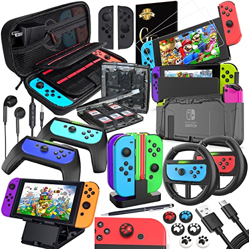 18 in 1 Nintendo Switch Accessoire-étui de Protection avec Protection d'écran, Support de Jeu, Coque de commutateur, Capuchon de Manette, poignée et Volant,Protection Chargeur pour Joy-Con Manette