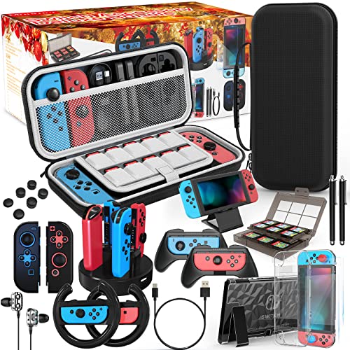 Mooroer Accessoires pour Nintendo Switch, 27 en 1 Pack accessoire pour Switch avec Protection pour Switch, Coque pour Switch, Volant, Playstand, Stations de Recharge, Poignée Grip Cover etc, Noir