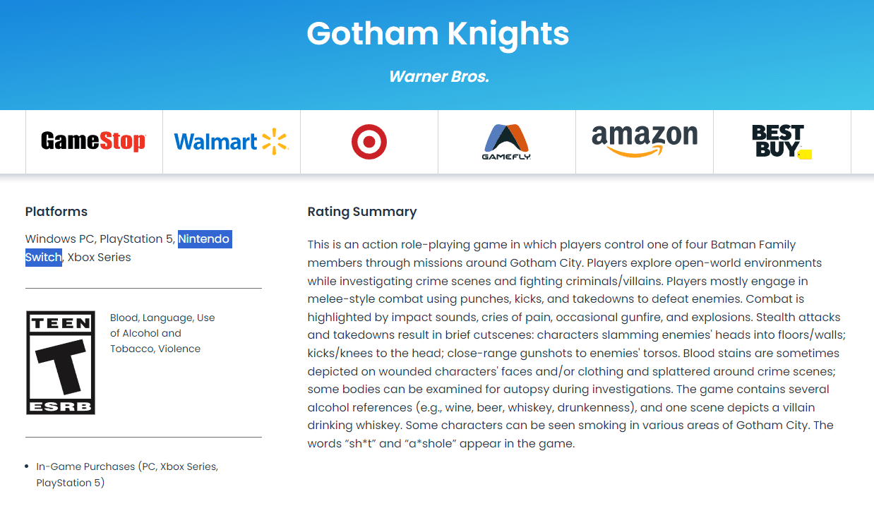 Gotham Knights ESRB