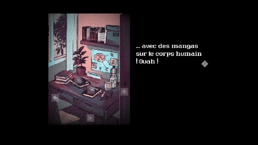 Capture d'écran du jeu Looking Up I See Only a Ceiling représentant le bureau de l'étudiante rempli de livres, dans sa chambre