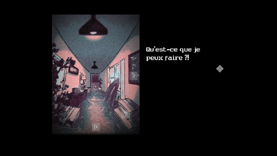 Capture d'écran du jeu Looking Up I See Only a Ceiling représentant un couloir de la maison submergé d'eau