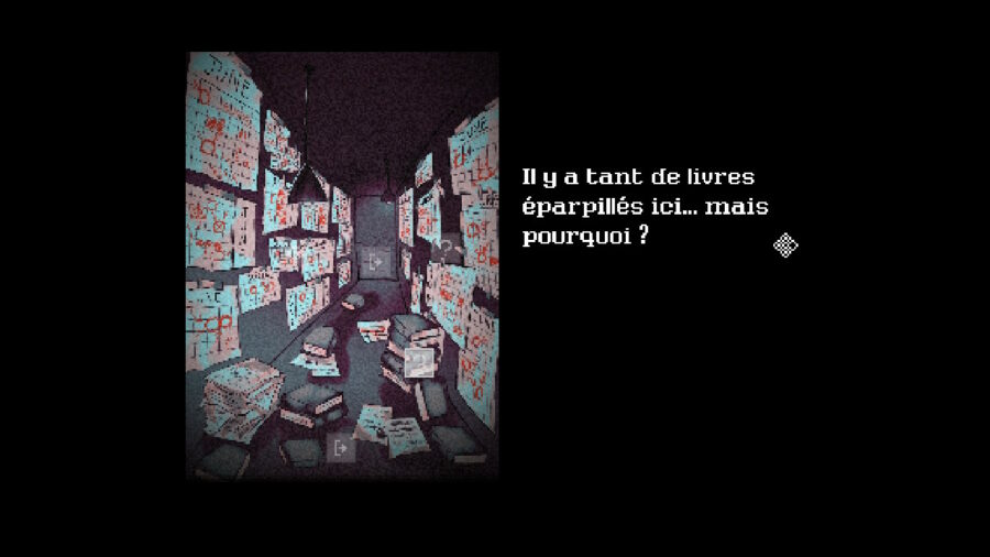 Capture d'écran du jeu Looking Up I See Only a Ceiling représentant un couloir remplit de calendrier au mur et de livres au sol