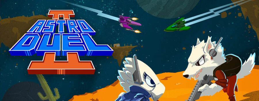 Image de Astro Duel 2 représentant deux créatures dans l'espace sur une planète, en train de se battre au sabre laser et au pistolet.