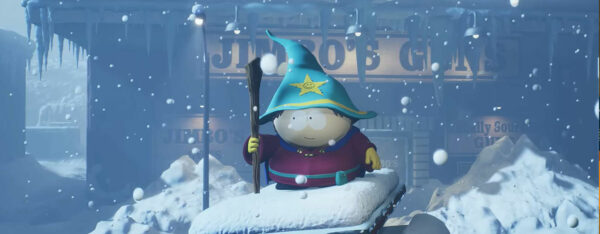 Capture d'écran du jeu South Park : Snow Day représentant Cartman dehors en plein blizzard