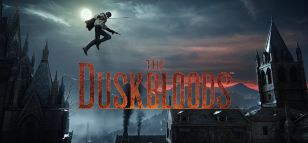 extérieur, ciel sombre au-dessus d'une ville industrielle, un homme de profil fend le ciel au premier plan, logo du jeu The Duskbloods au premier plan