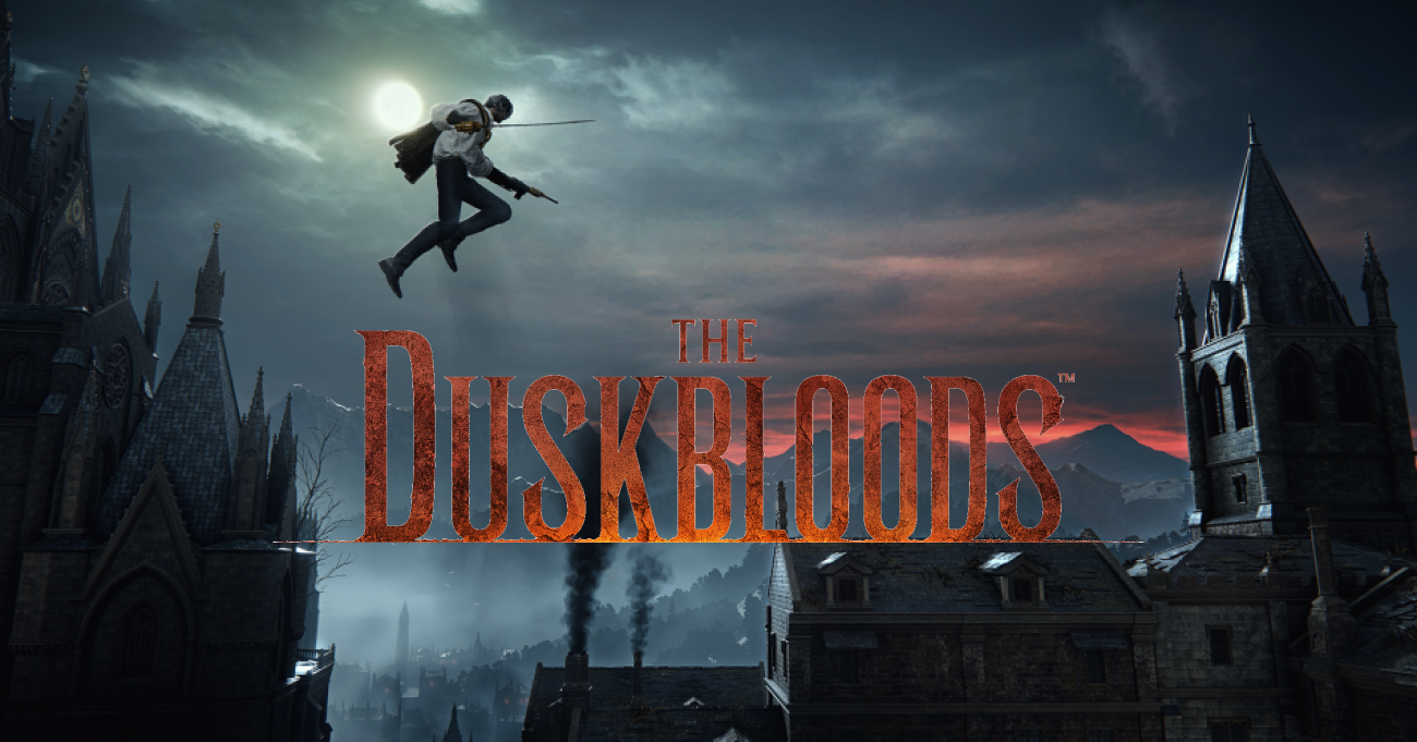 extérieur, ciel sombre au-dessus d'une ville industrielle, un homme de profil fend le ciel au premier plan, logo du jeu The Duskbloods au premier plan