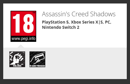 Assassin's Creed Shadows Switch 2 PEGI