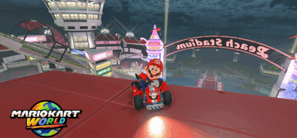 mario kart world capture d'écran montrant Mario dans son lart en train de faire coucou à la caméra