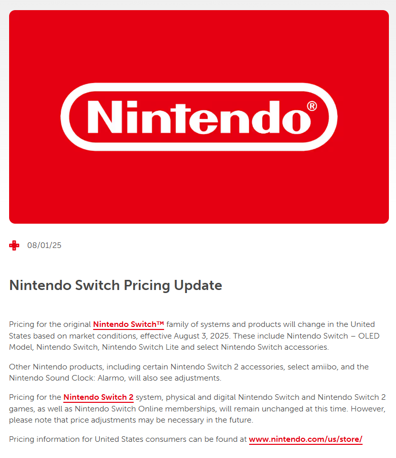 Augmentation de prix Switch US
