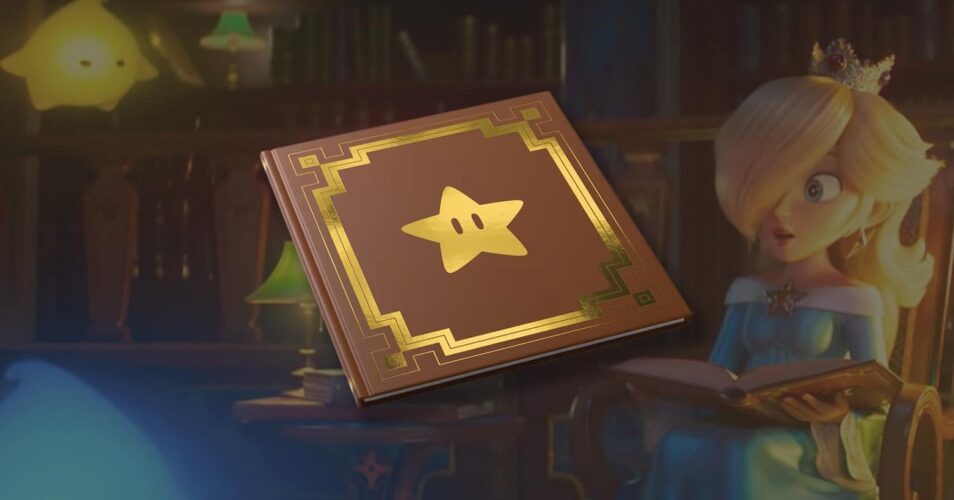 Harmonie lit un livre ancien orné d'une étoile dans une bibliothèque, tandis qu'un Luma lumineux flotte en arrière-plan.