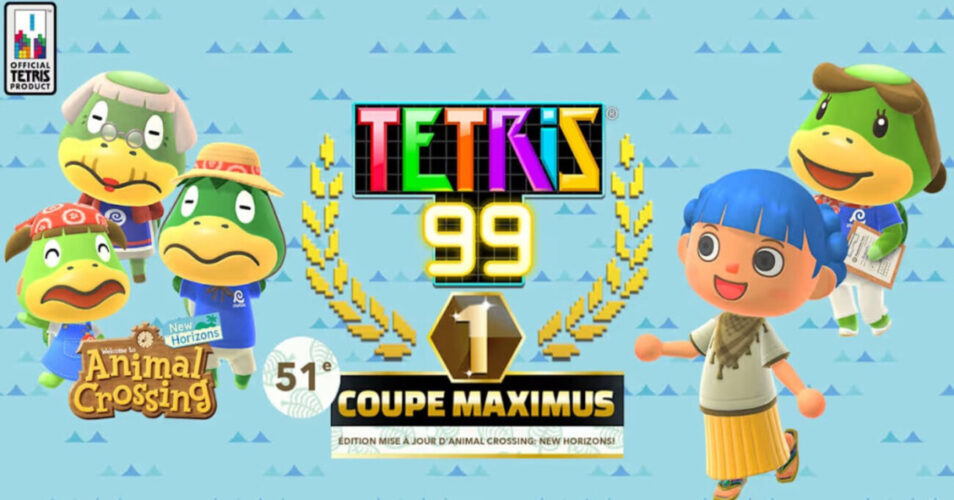Visuel promotionnel de Tetris 99 en collaboration avec Animal Crossing: New Horizons, montrant le logo Tetris 99 au centre avec une médaille « Coupe Maximus n°1 », entouré de personnages d’Animal Crossing sur un fond bleu à motifs, annonçant l’événement spécial lié à la mise à jour du jeu.