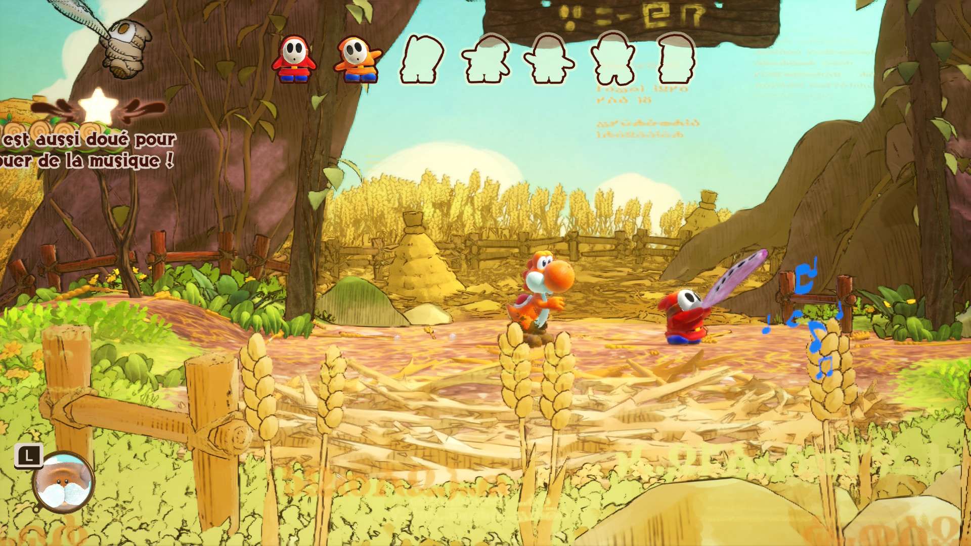 Image du jeu Yoshi and the Mysterious Book avec Yoshi et un Maskass jouant un instrument de musique